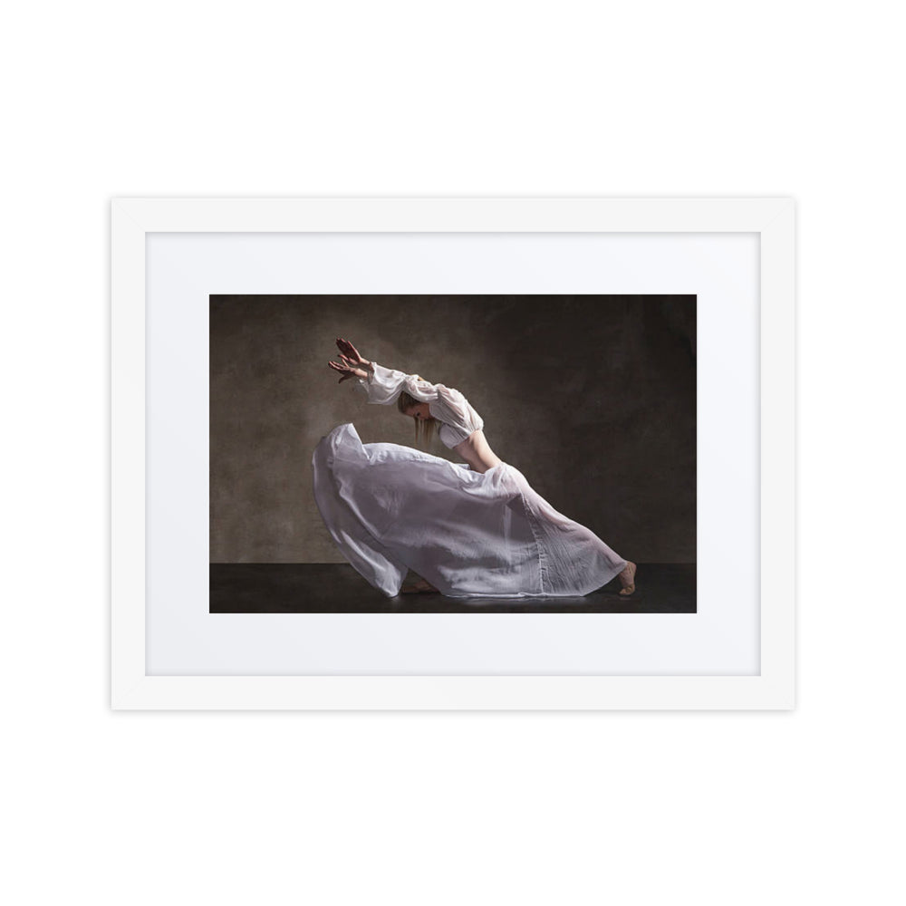 A mesmerizing dance composition featuring a ballerina in a flowing white dress, gracefully arching on pointe against a textured backdrop, embodying elegance and calm.