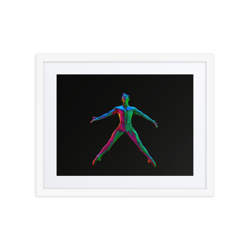 Fluorescent Leap – A captivating fine art dance poster featuring a vibrant dancer in motion, illuminated with fluorescent hues against a dark background. A stunning framed artwork that radiates energy and elegance.