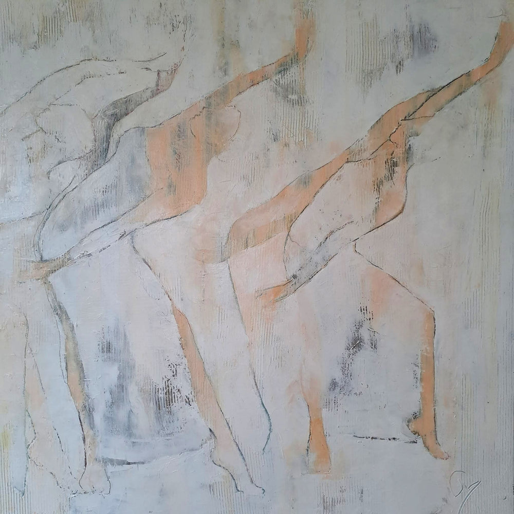 Corinne Malfreyt, Gracieuses (2023). Oil and acrylic painting from the Blanc sur Blanc series, expressing subtle dance motion in tones of white.
