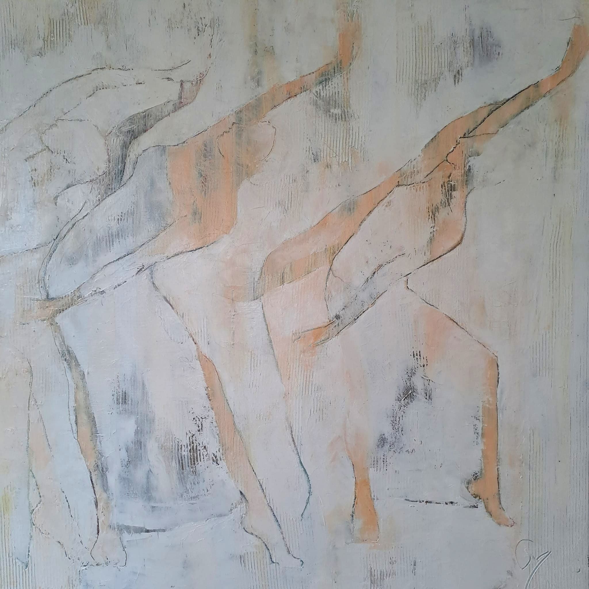 Corinne Malfreyt, Gracieuses (2023). Oil and acrylic painting from the Blanc sur Blanc series, expressing subtle dance motion in tones of white.