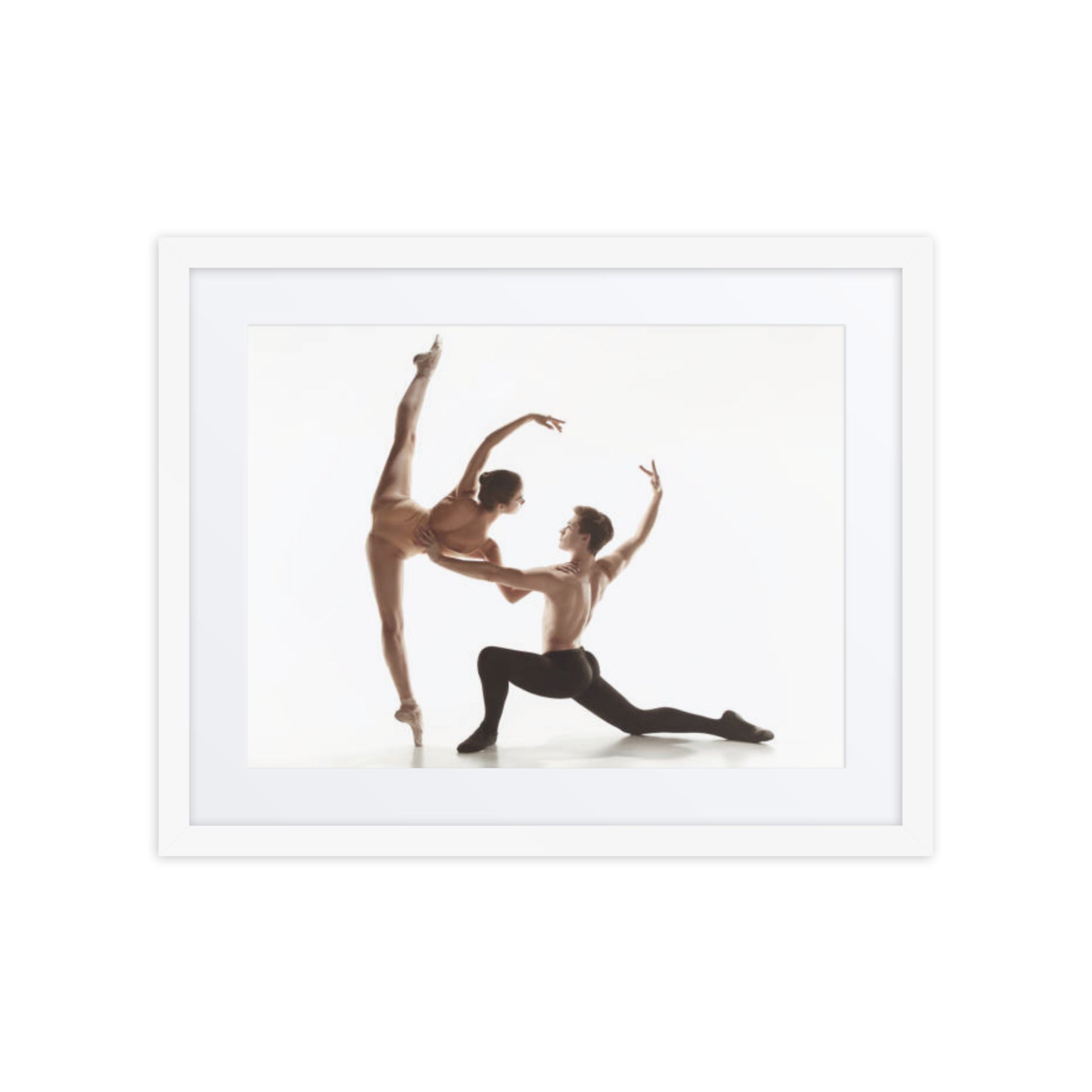 A captivating duet featuring a male and female dancer in perfect harmony, with graceful lines and a dynamic pose that embodies balance and trust.