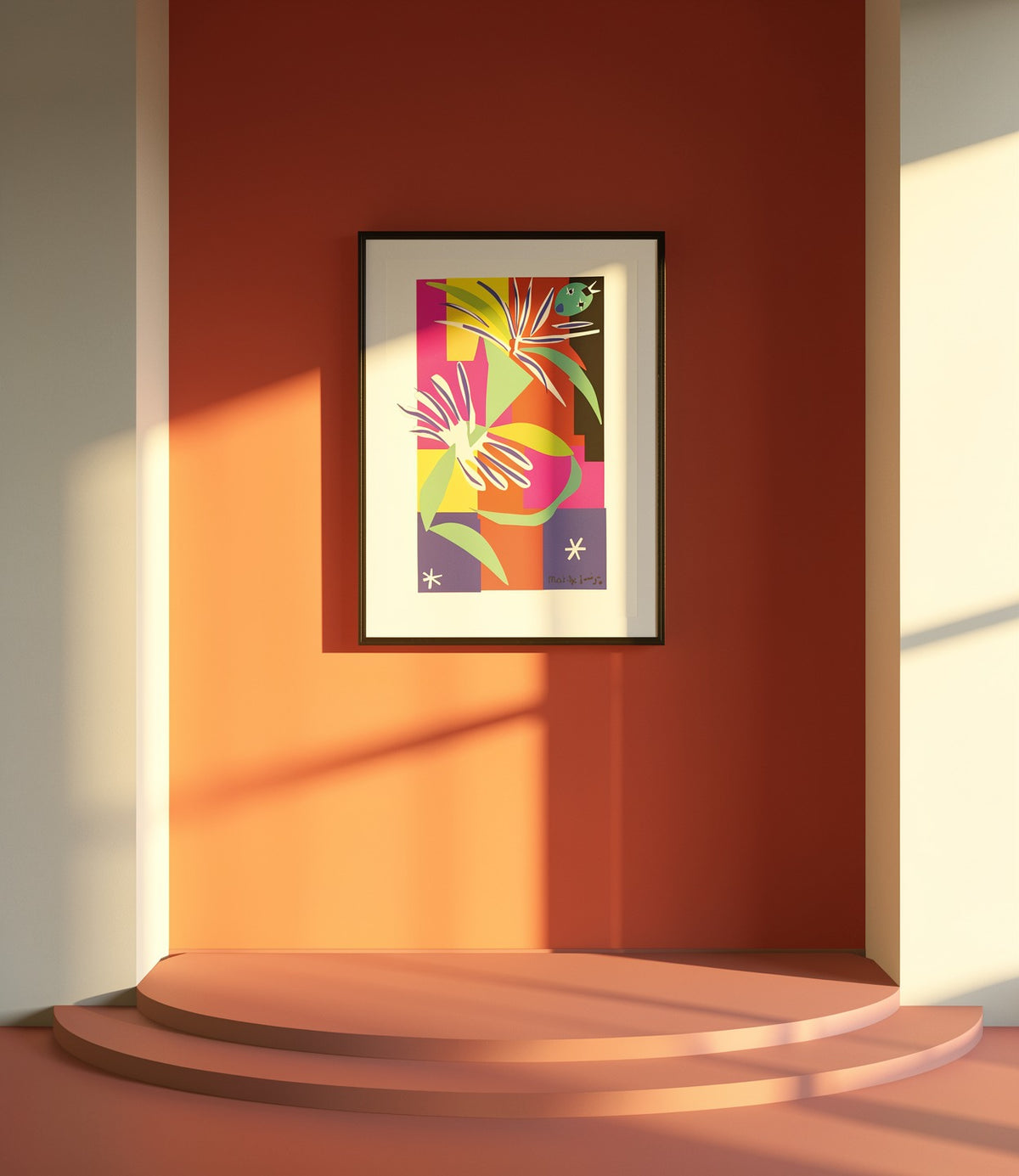 Henri Matisse Danseuse Créole, 2007, museum black frame in a sunlit red architectural niche.