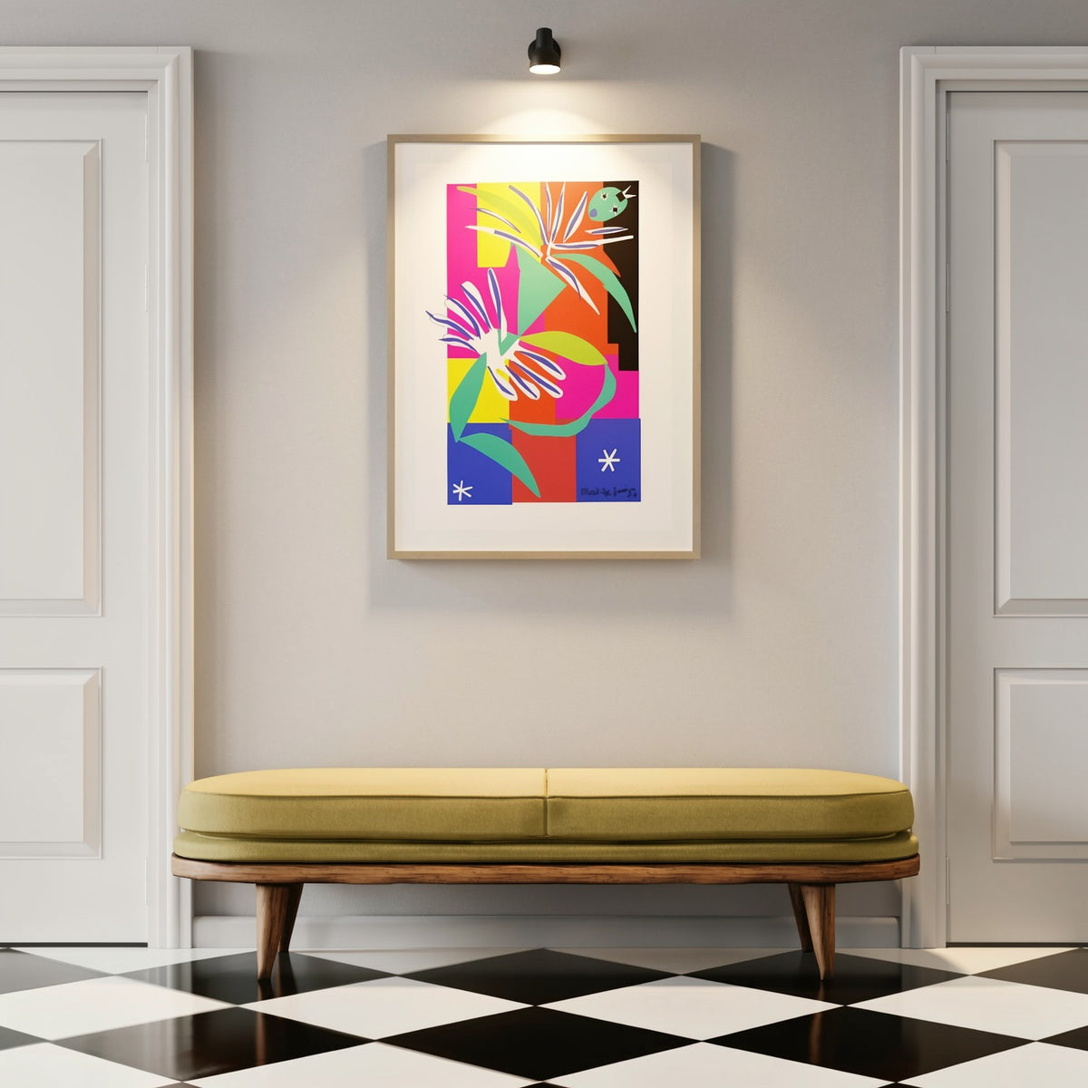 Henri Matisse Danseuse Créole (The Creole Dancer), 2007, Natural Oak framed presentation in a classic hallway above a bench under focused lighting.