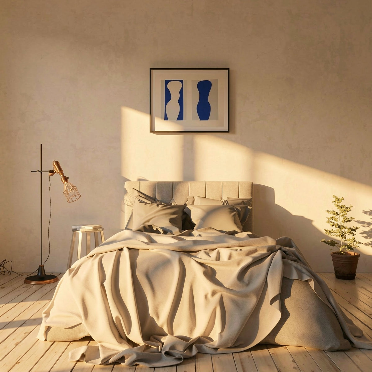 Henri Matisse Formes (Forms), 2007, Museum Black framed fine art print in a warm golden-hour bedroom interior.