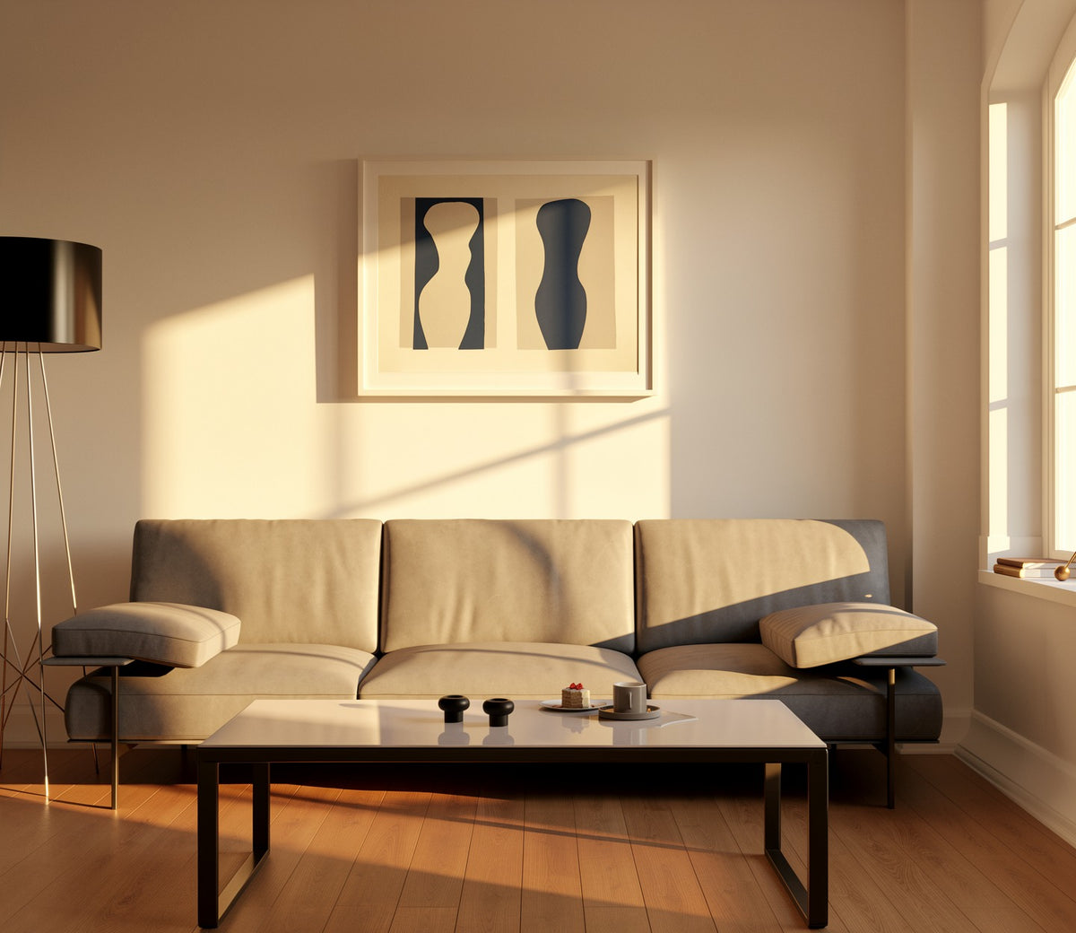 Henri Matisse Formes (Forms), 2007, Soft White framed fine art print in a warm golden-hour living room.