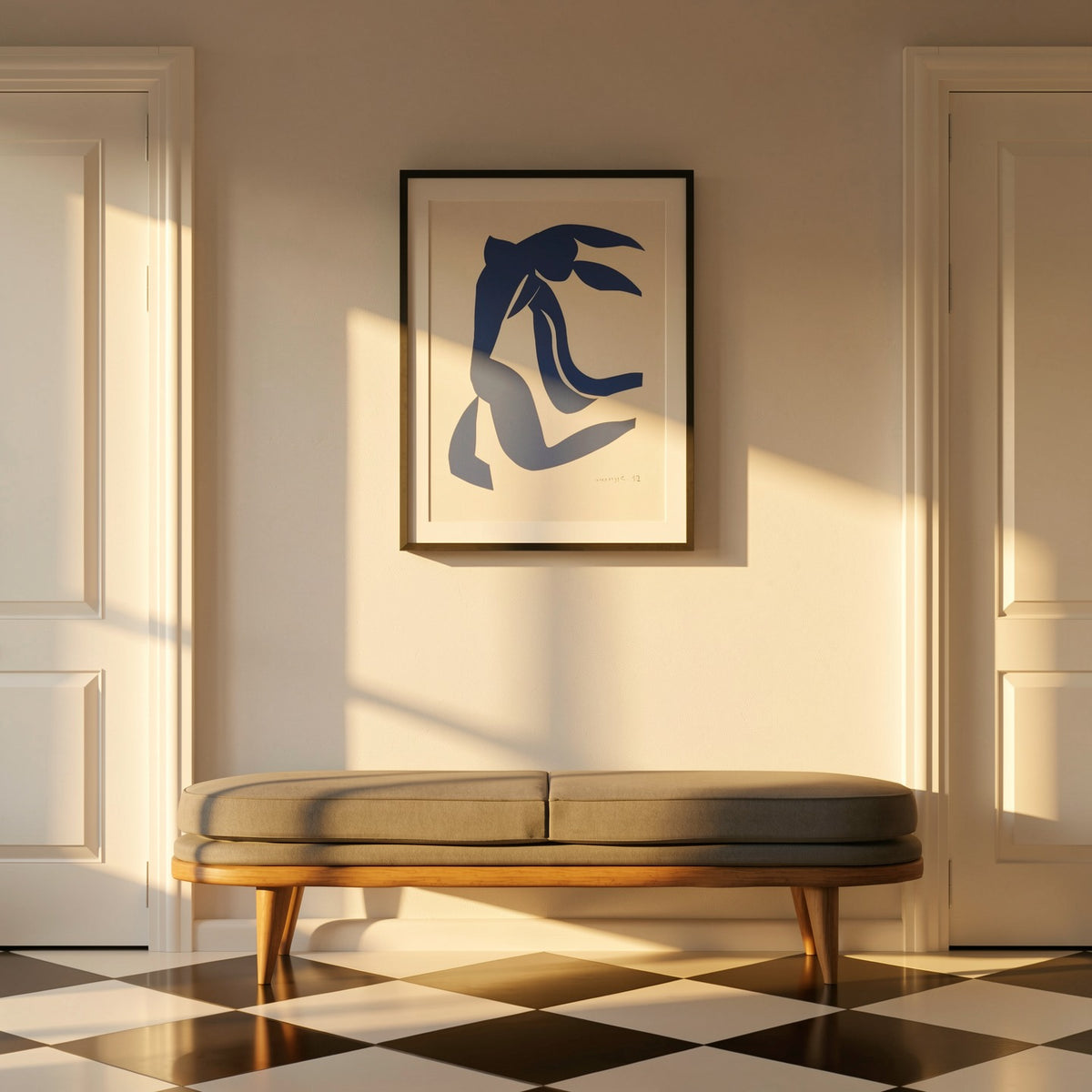 Henri Matisse La Chevelure (The Flowing Hair), 2007, Museum Black framed fine art print in a classic hallway above a bench in golden-hour light.