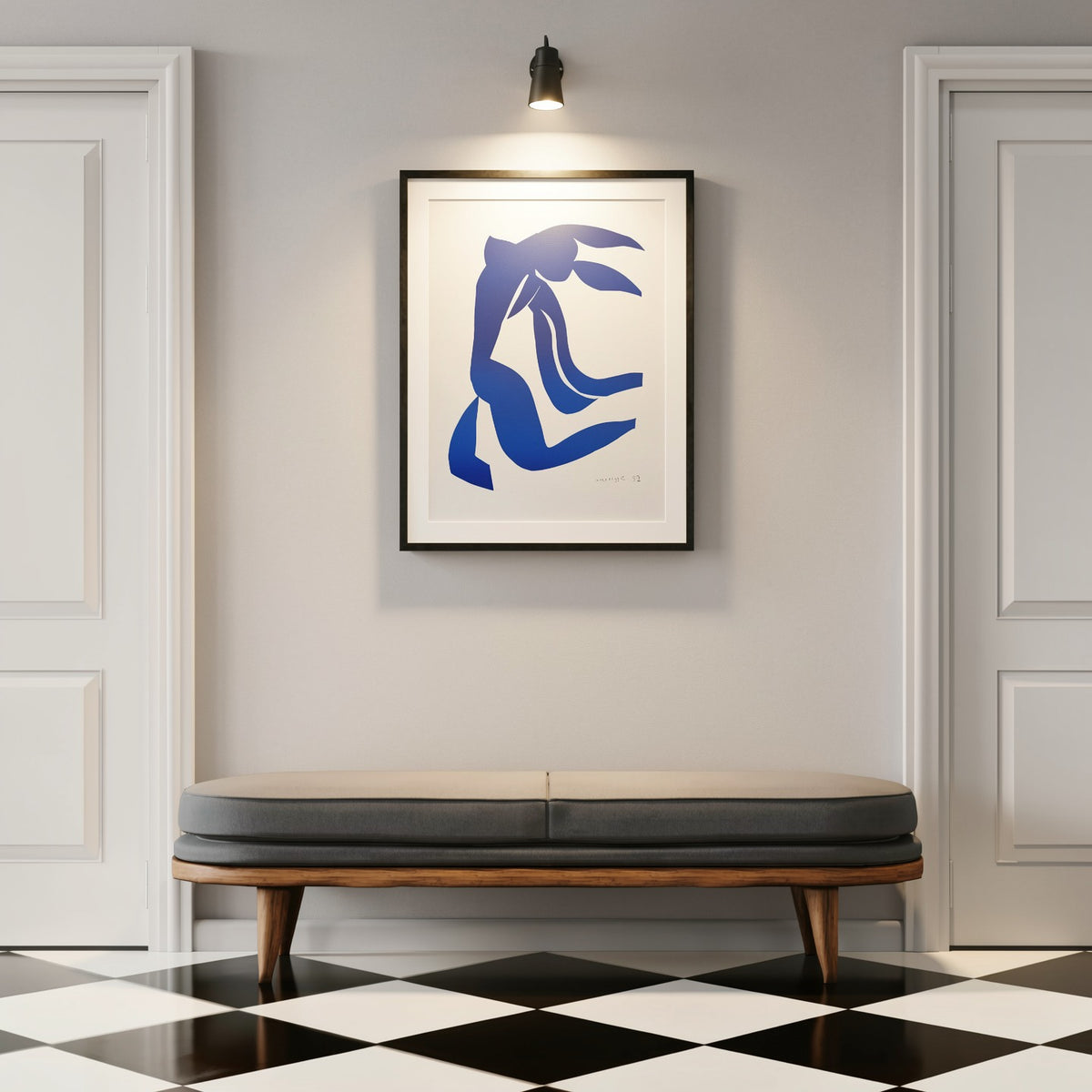 Henri Matisse La Chevelure (The Flowing Hair), 2007, Museum Black framed fine art print in a classic hallway above a bench under focused lighting.