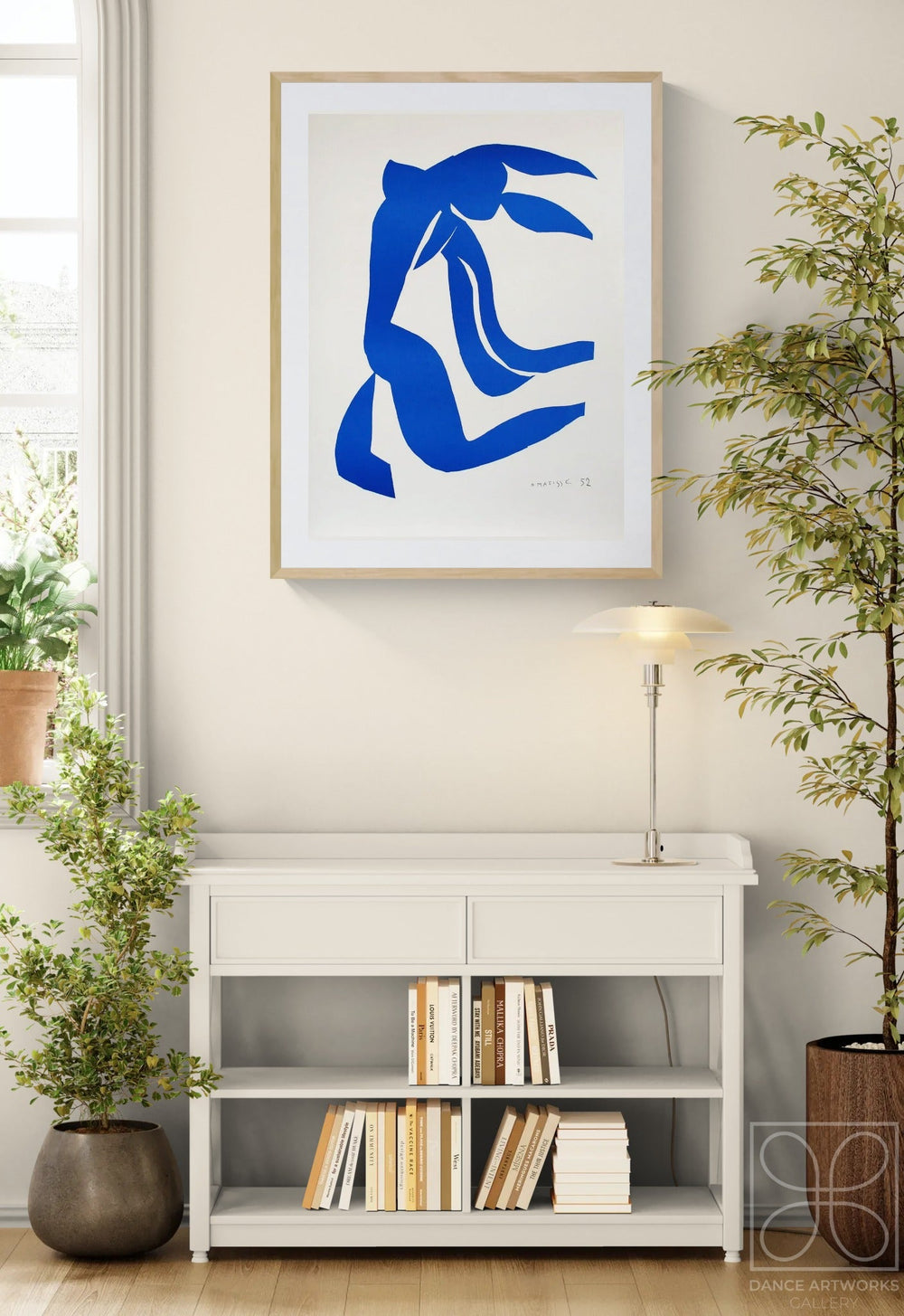 Henri Matisse, La Chevelure (The Flowing Hair), 2007, natural oak frame above a console in a contemporary interior.
