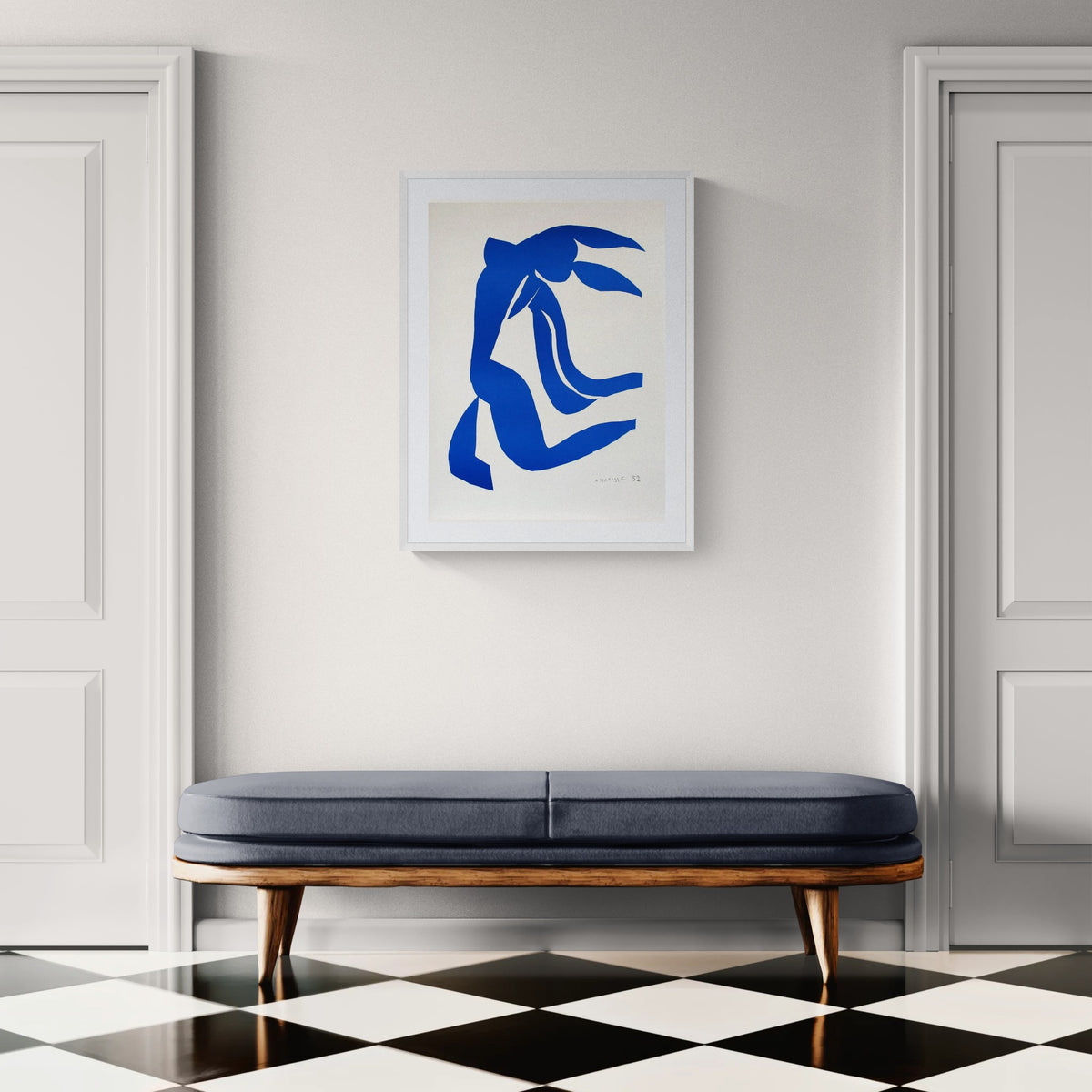 Henri Matisse La Chevelure (The Flowing Hair), 2007, Soft White framed fine art print in a classic hallway above a bench in daylight.