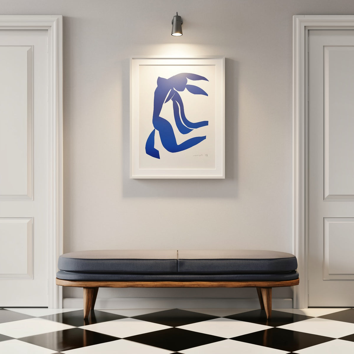 Henri Matisse La Chevelure (The Flowing Hair), 2007, Soft White framed fine art print in a classic hallway under focused lighting.