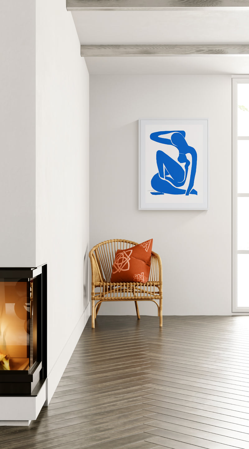 Henri Matisse Nu Bleu I (Blue Nude I), 2007, Soft White framed presentation in a bright fireplace interior.