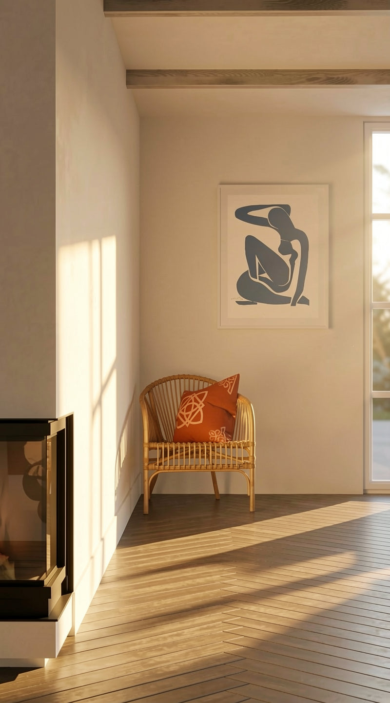 Henri Matisse Nu Bleu I (Blue Nude I), 2007, Soft White framed presentation in warm golden-hour light.