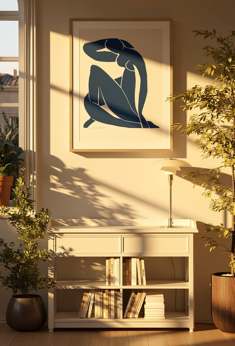 Henri Matisse Nu Bleu II (Blue Nude II), 2007, natural oak frame in a sunlit contemporary interior.