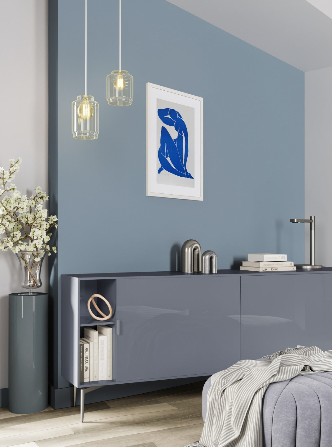 Henri Matisse Nu Bleu II (Blue Nude II), 2007, in a Soft White frame shown in an angled cabinet interior.