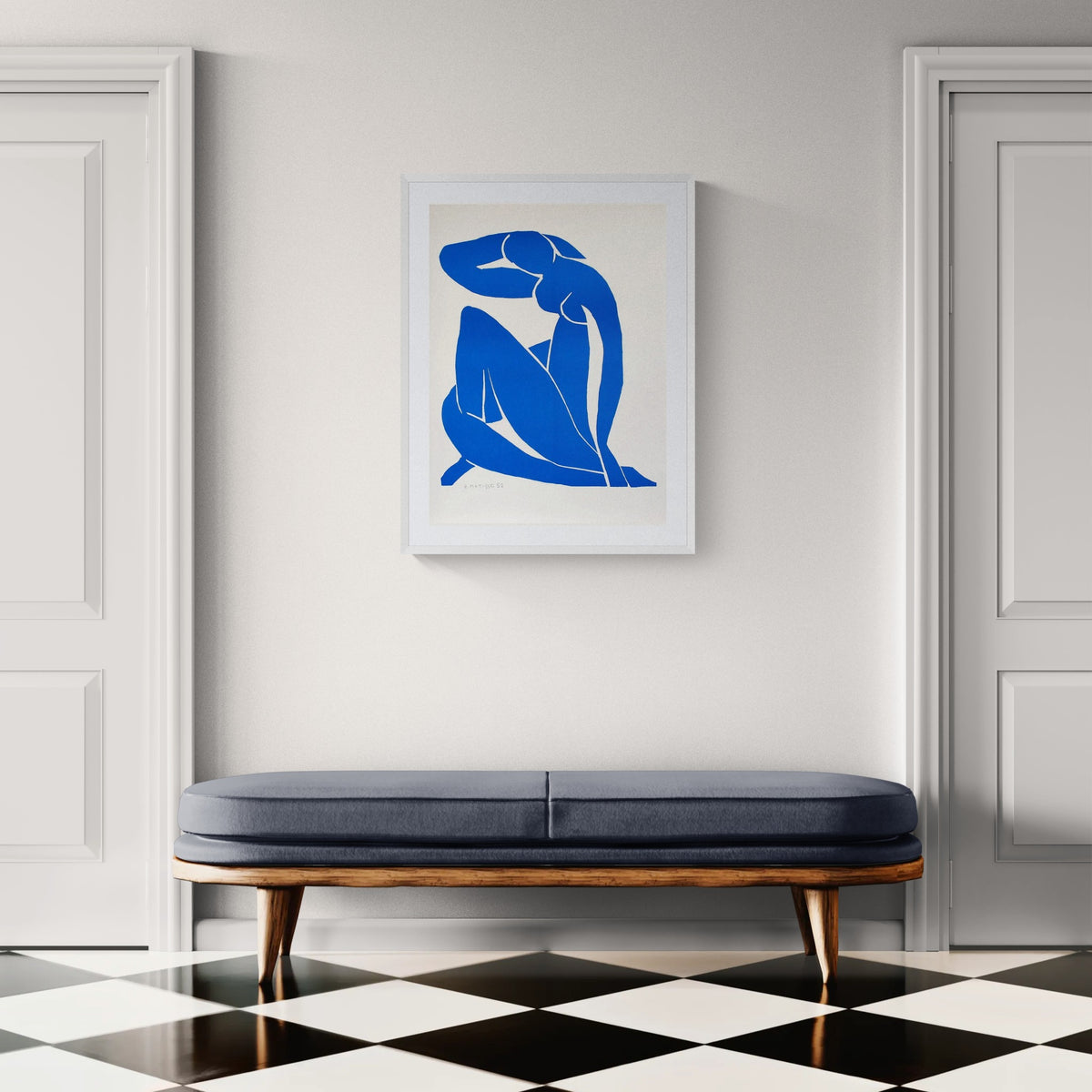 Henri Matisse Nu Bleu II (Blue Nude II), 2007, in a Soft White frame in a daylight hallway interior.