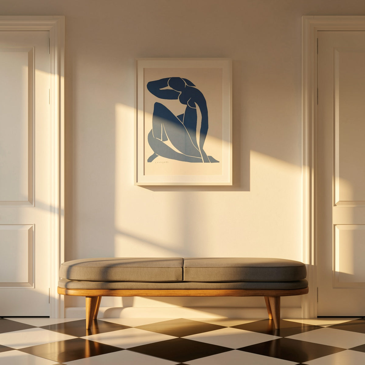 Henri Matisse Nu Bleu II (Blue Nude II), 2007, in a Soft White frame in a warm golden-hour hallway interior.
