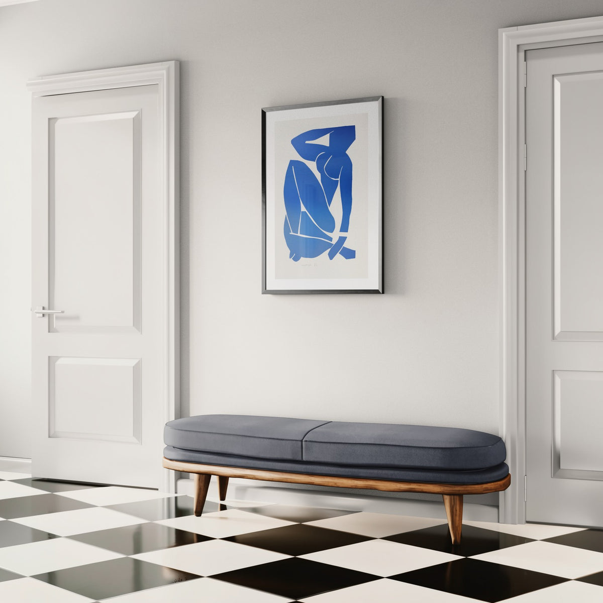 Henri Matisse Nu Bleu III (Blue Nude III), 2007, Museum Black framed presentation viewed obliquely in a hallway interior.