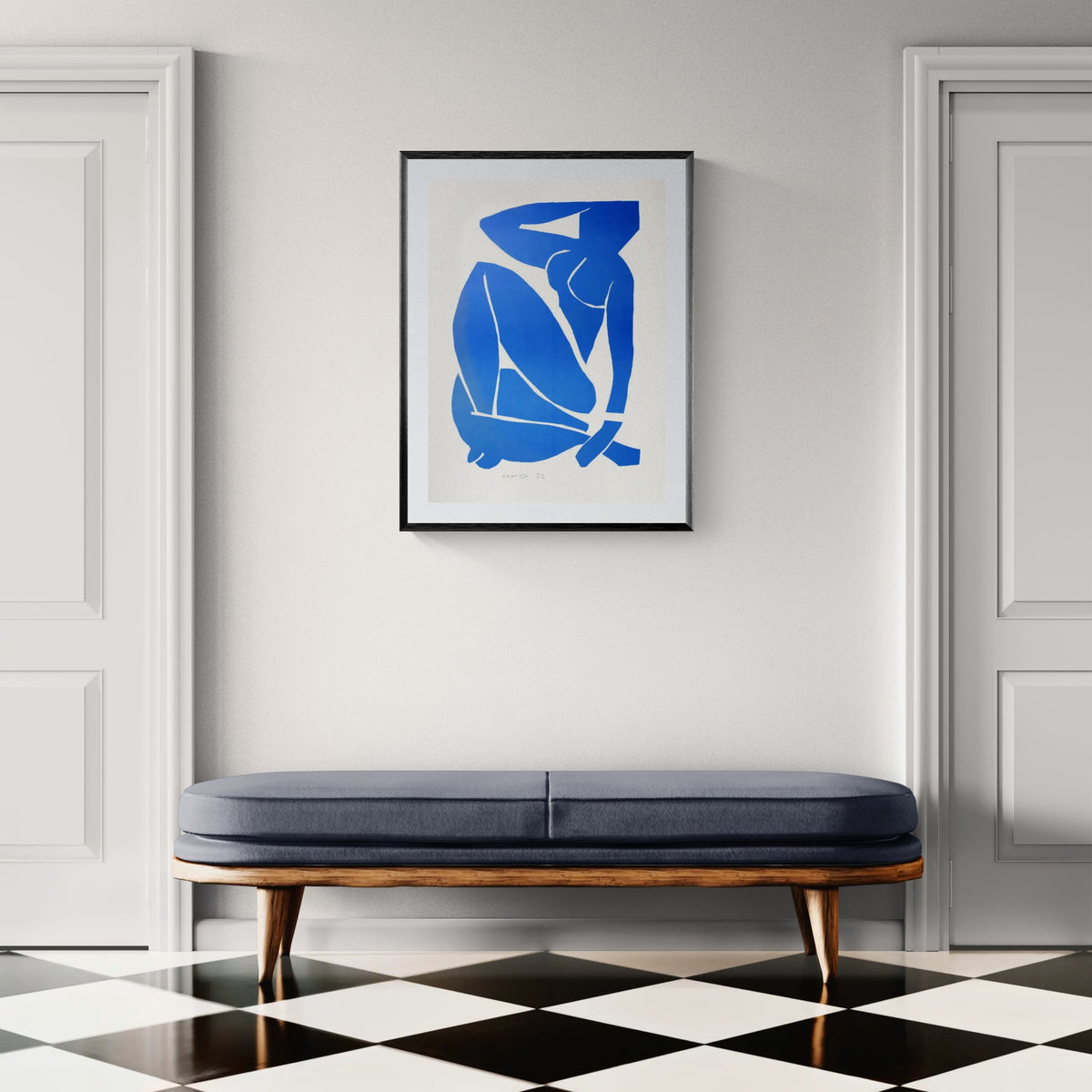 Henri Matisse Nu Bleu III (Blue Nude III), 2007, Museum Black framed presentation in a refined hallway interior.
