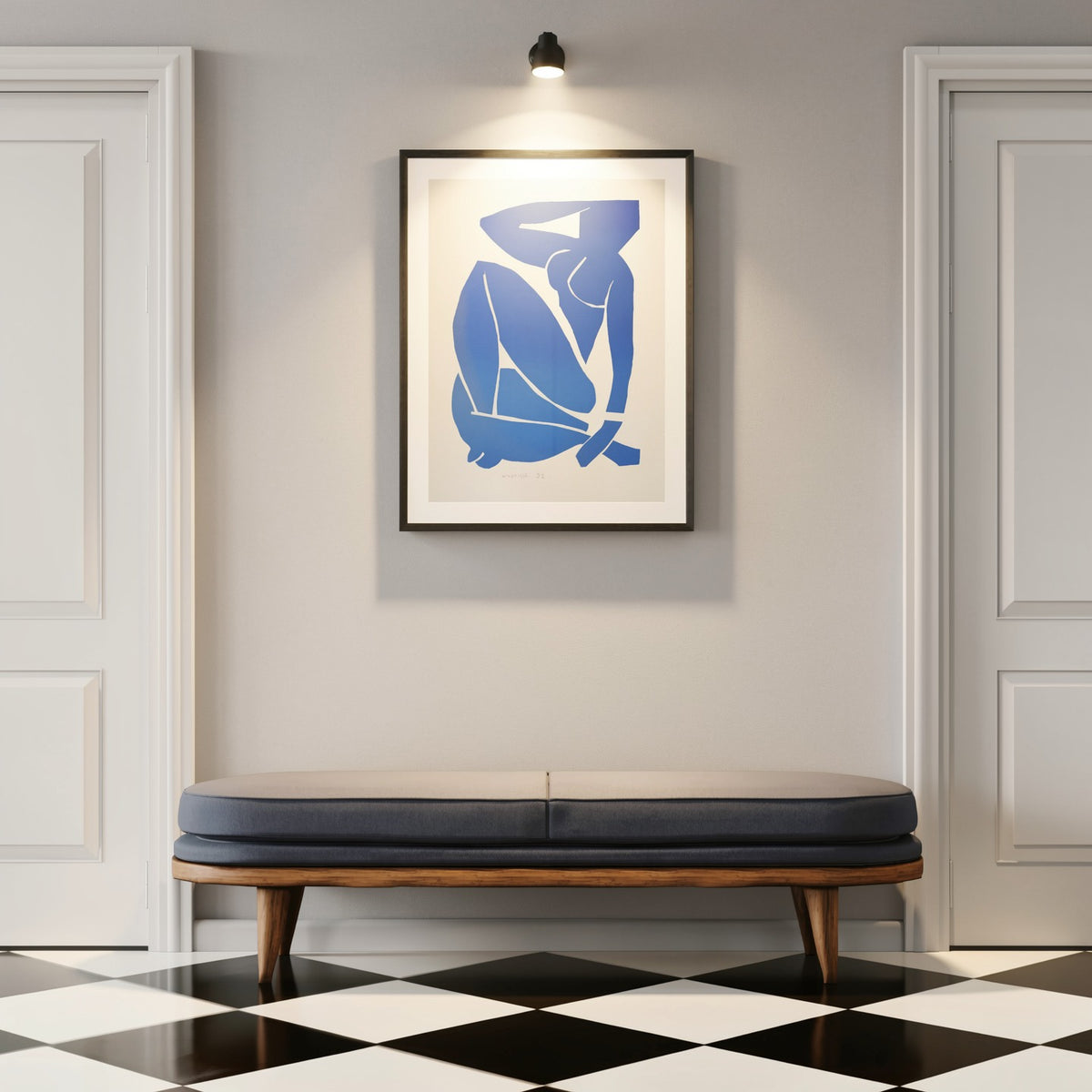 Henri Matisse Nu Bleu III (Blue Nude III), 2007, Museum Black framed presentation under focused hallway lighting.