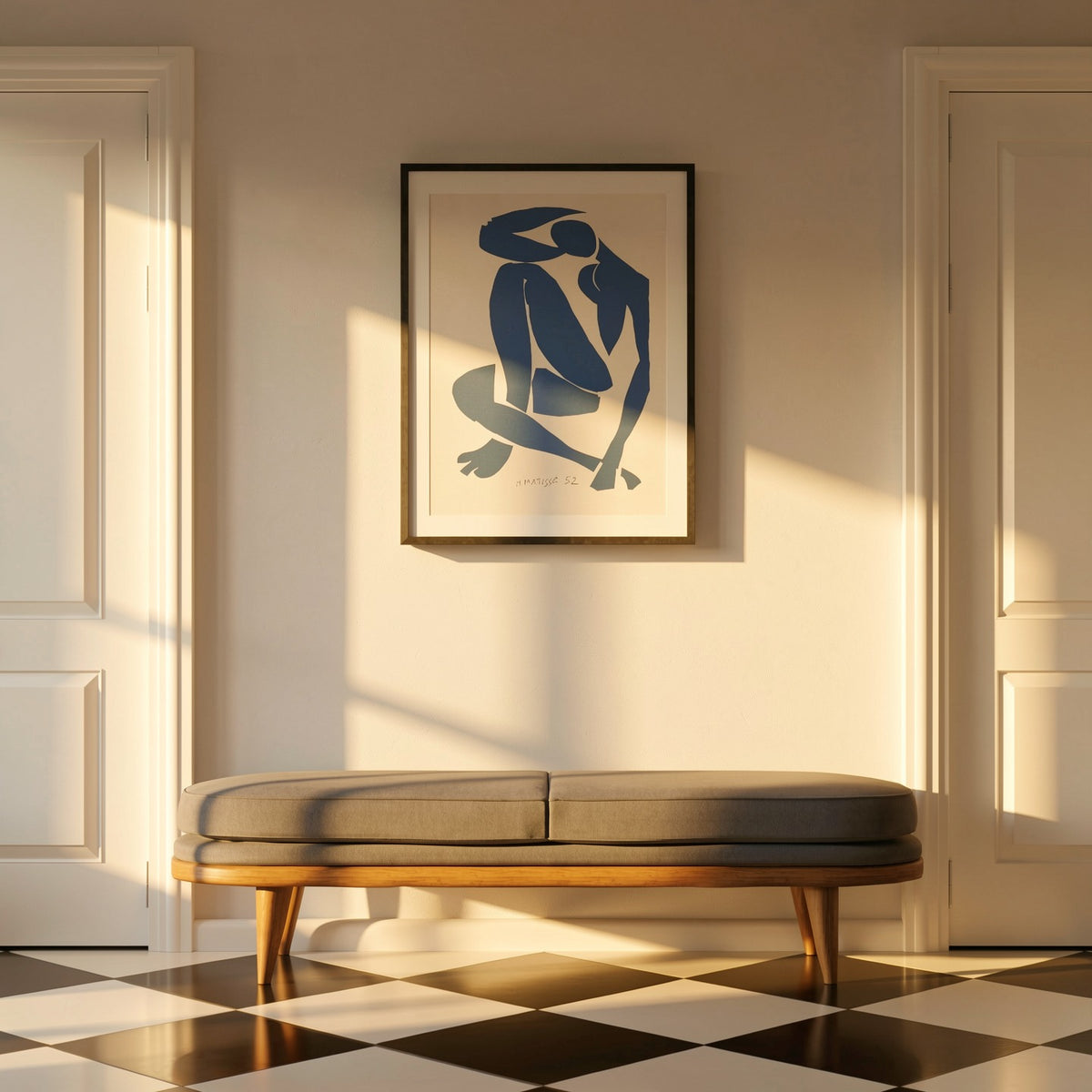 Henri Matisse Nu Bleu IV (Blue Nude IV), 2007, in a Museum Black frame in a warm golden-hour hallway interior.