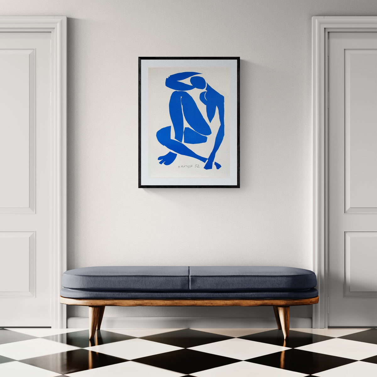 Henri Matisse Nu Bleu IV (Blue Nude IV), 2007, in a Museum Black frame in a contemporary hallway interior.