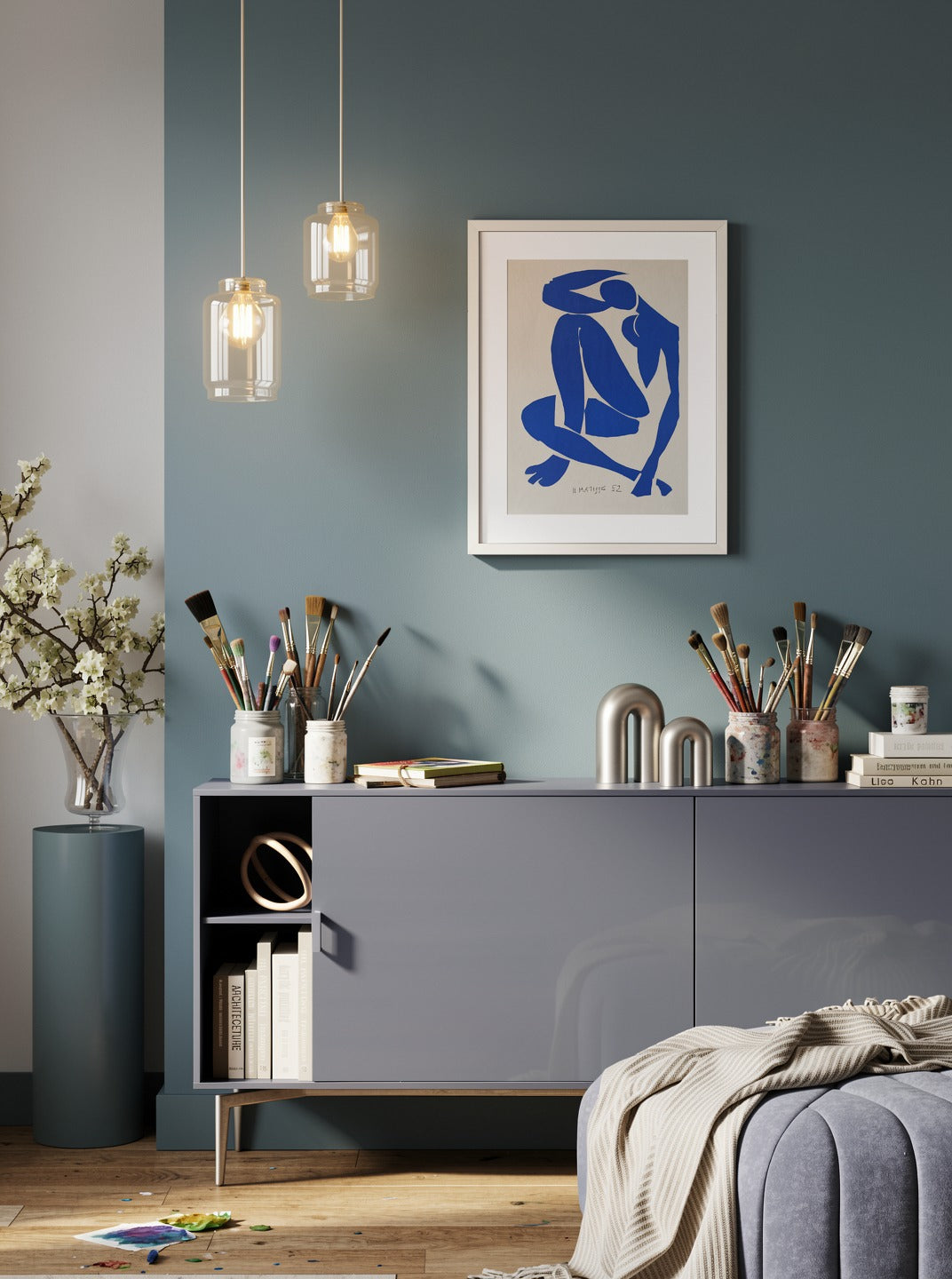 Henri Matisse Nu Bleu IV (Blue Nude IV), 2007, in a Soft White frame in an artist studio interior.