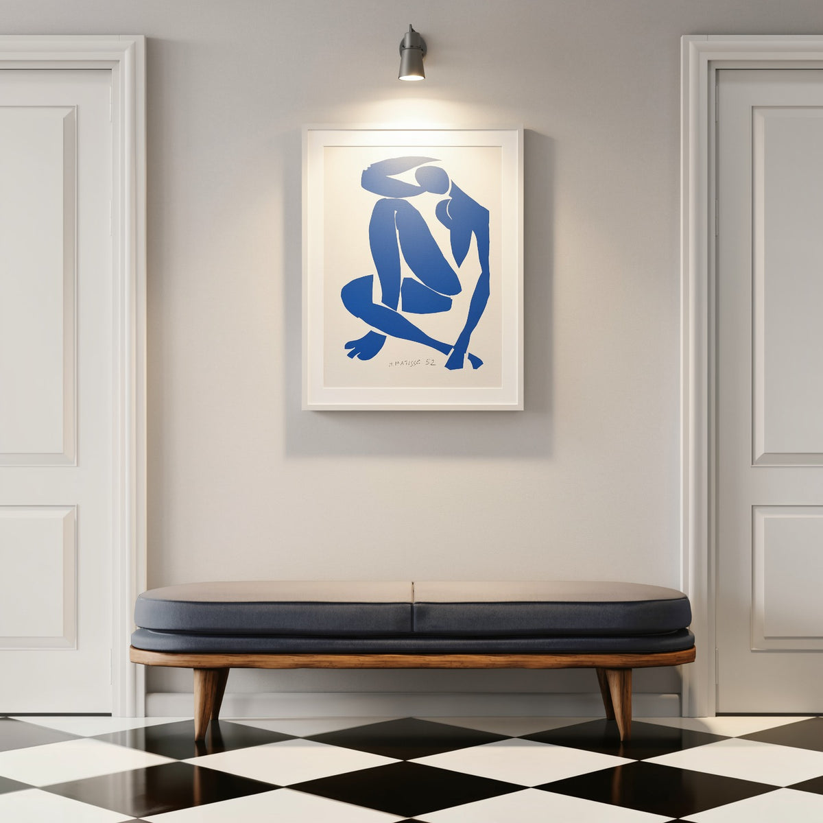 Henri Matisse Nu Bleu IV (Blue Nude IV), 2007, in a Soft White frame under focused gallery-style lighting.