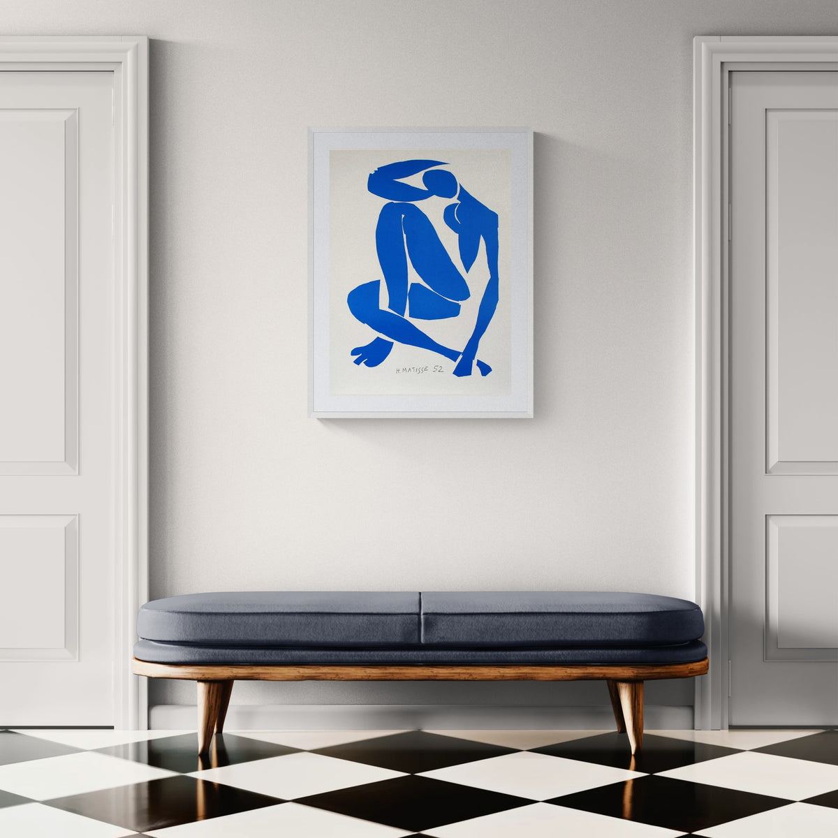 Henri Matisse Nu Bleu IV (Blue Nude IV), 2007, in a Soft White frame in a contemporary hallway interior.