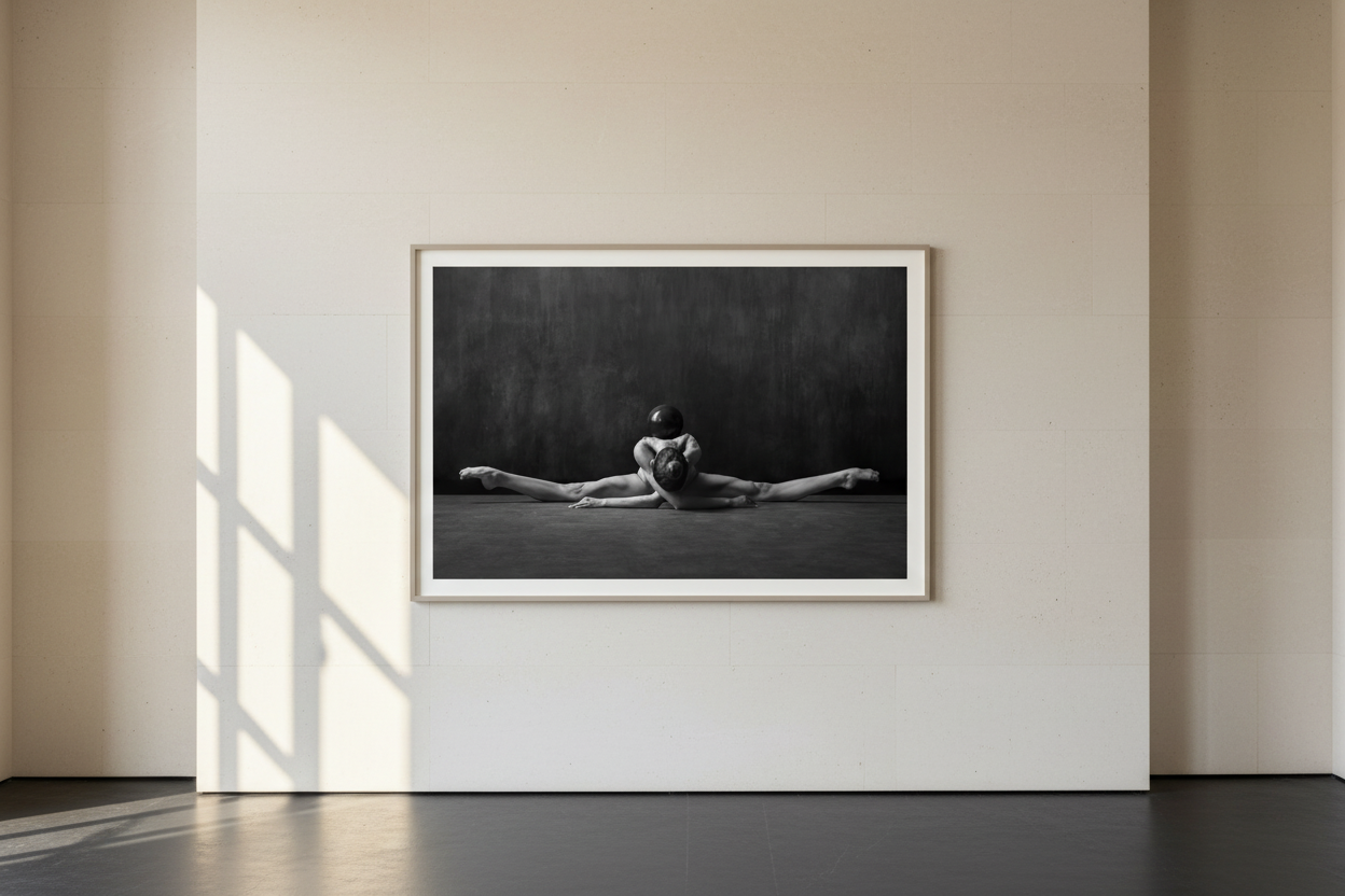 Interior mockup of Resting Harmony fine art dance photography print by Natalya Sleta displayed in a refined neutral collector interior