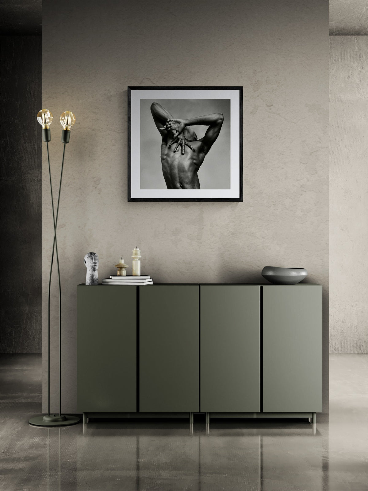 J. by Sasha Onyshchenko, framed monochrome dance photograph displayed above a cabinet in a minimal room.