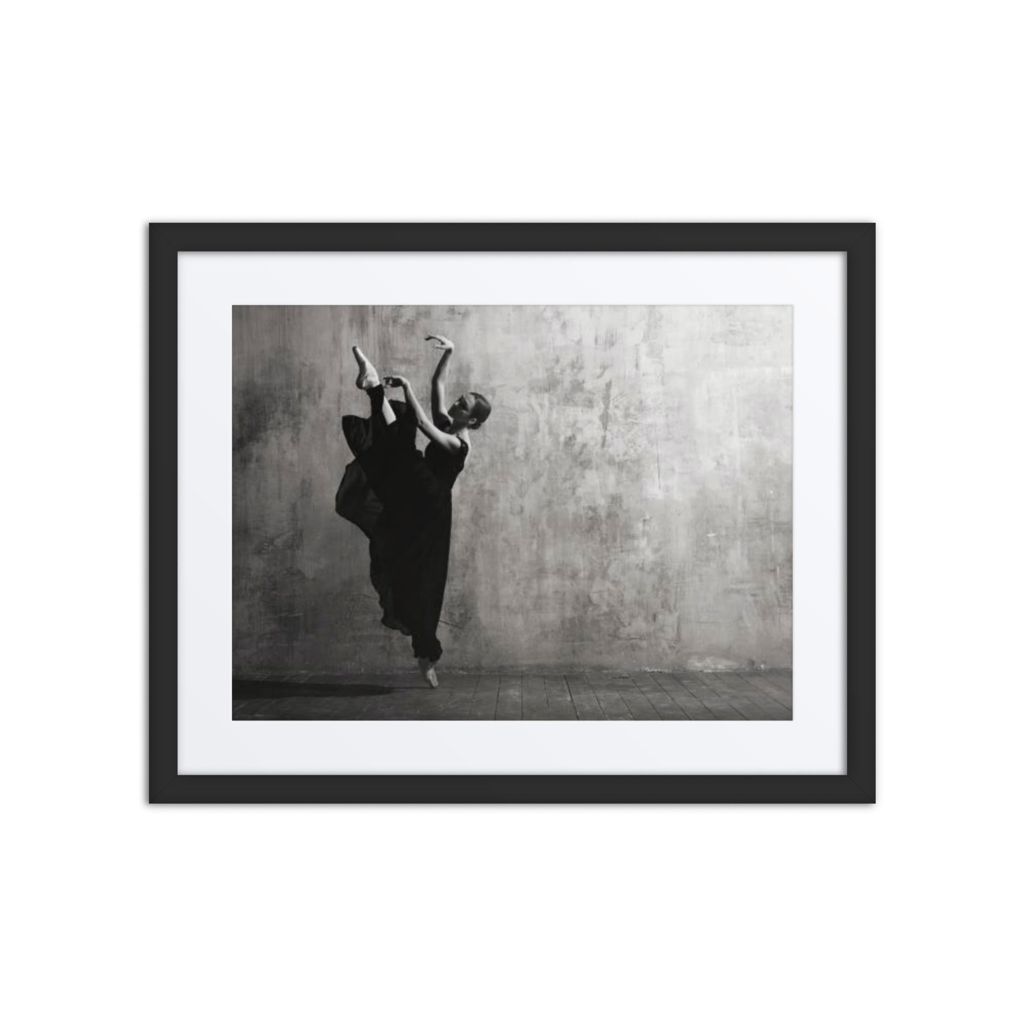 Laissez-faire – A captivating black-and-white fine art dance poster showcasing a dancer in a flowing black dress against a textured, minimalist backdrop. Elegantly framed in a sleek black frame with a refined white border, this piece embodies movement and grace, perfect for contemporary and classic interiors alike.