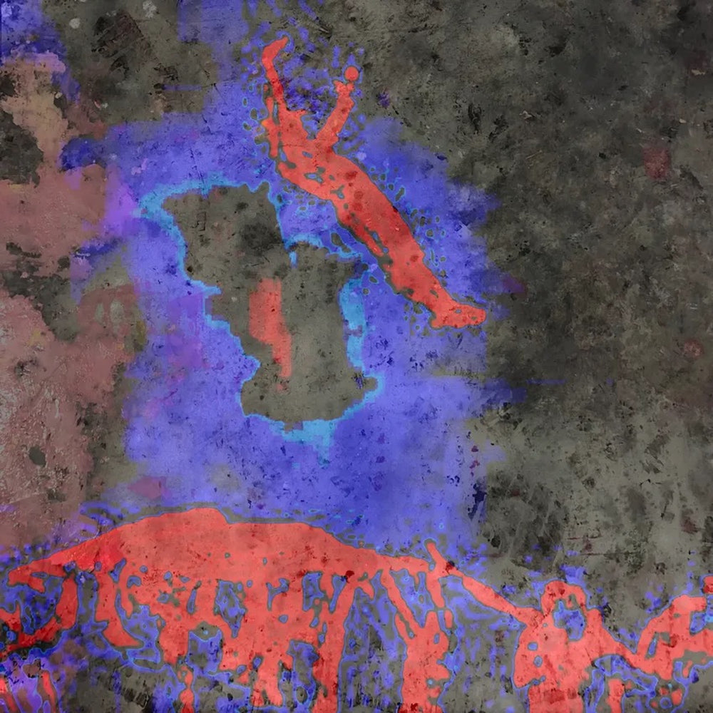 Marc Feld, CIRCUS 4 – pigment print under plexiglas: 60×60 cm, deep blue-red palette