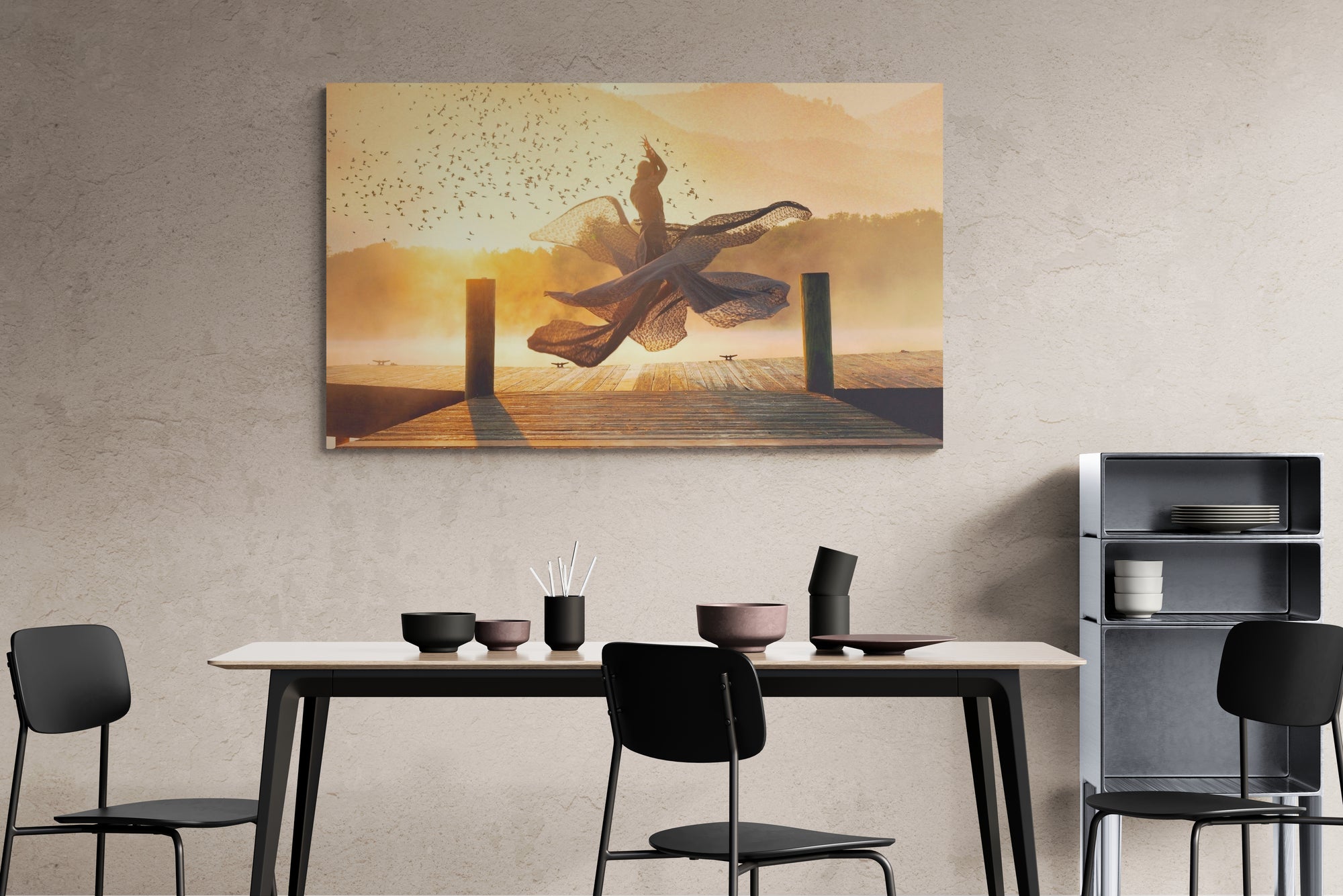 Fine art photograph by Mati Gelman capturing a dancer mid-air in a spiral leap against a golden sunrise. The dynamic motion, delicate fabric, and natural light create a poetic and powerful visual metaphor of freedom and transformation.