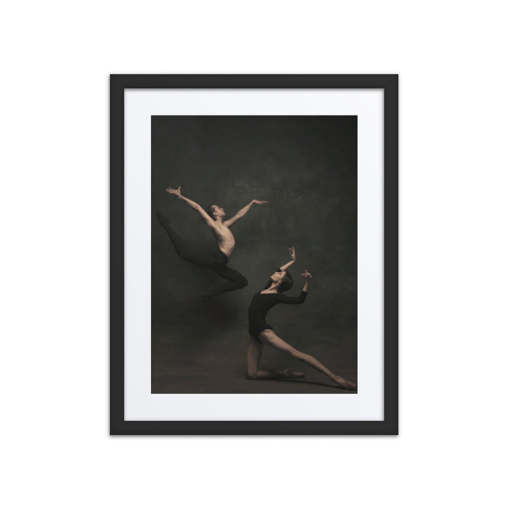 A breathtaking portrayal of two dancers in perfect harmony, with one leaping gracefully through the air while the other anchors the composition in a poised, elegant position. This artwork captures the essence of synchronized energy and mutual artistry.