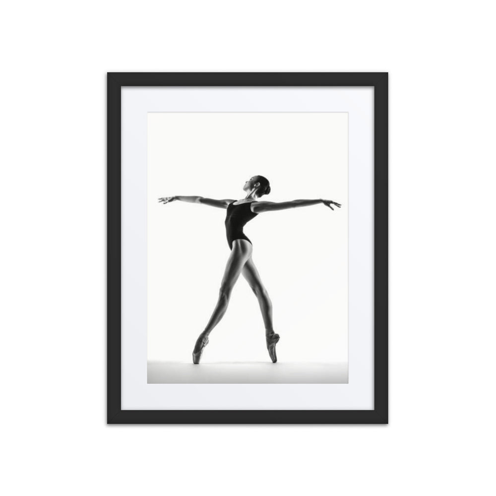 A captivating portrait of a ballerina poised in perfect balance, her form radiating elegance and strength. Against a minimalist backdrop, the image captures the essence of grace, with light and shadows playing along her body, emphasizing the delicate equilibrium of her movement.