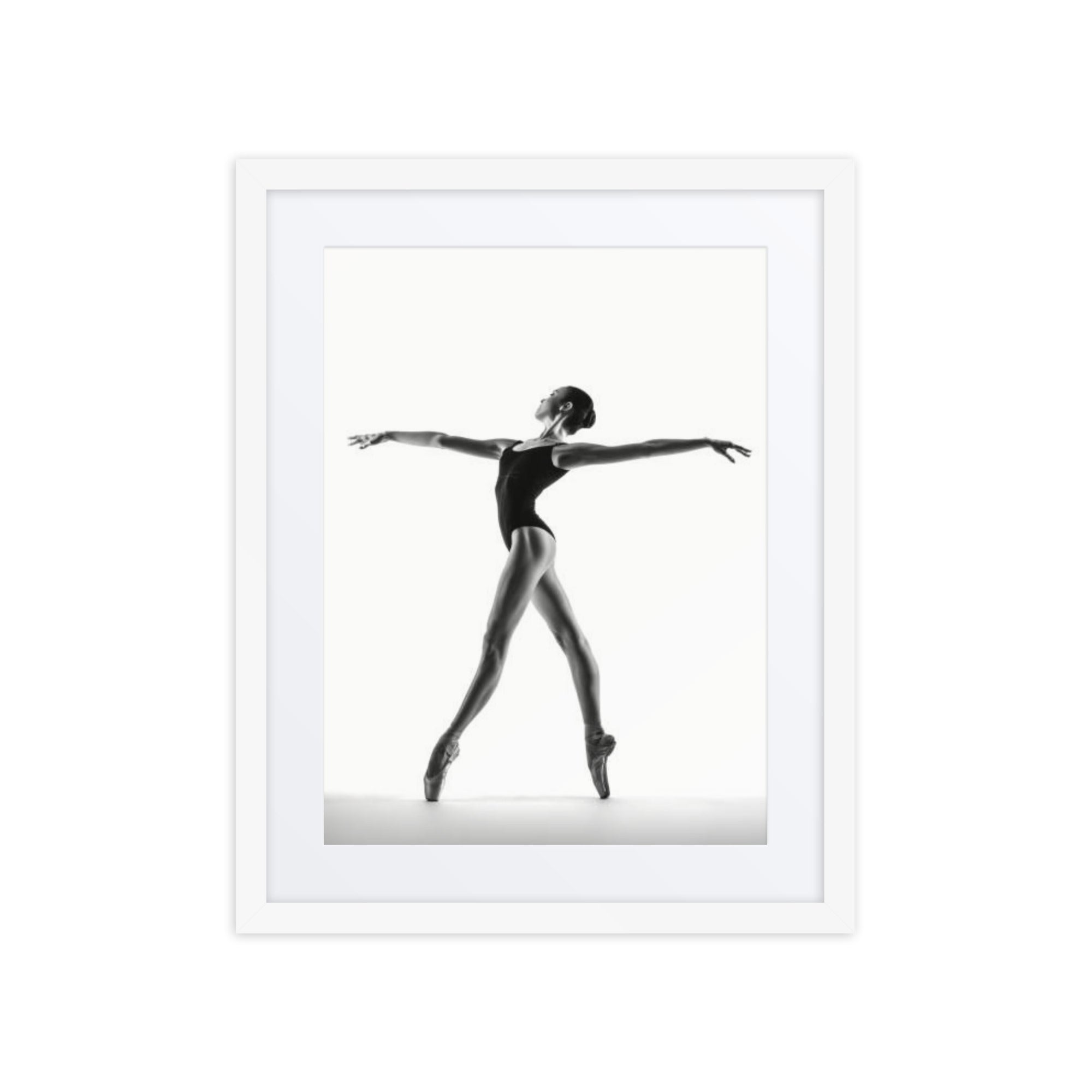 A captivating portrait of a ballerina poised in perfect balance, her form radiating elegance and strength. Against a minimalist backdrop, the image captures the essence of grace, with light and shadows playing along her body, emphasizing the delicate equilibrium of her movement.