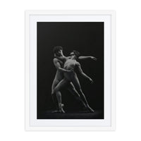 A powerful portrayal of two dancers in an intimate, dynamic pose, expressing the perfect balance of contrast and connection. The dancers’ synchronized movements reflect the duality of strength and grace, captured in monochrome tones that emphasize the raw emotion and elegance of their collaboration.