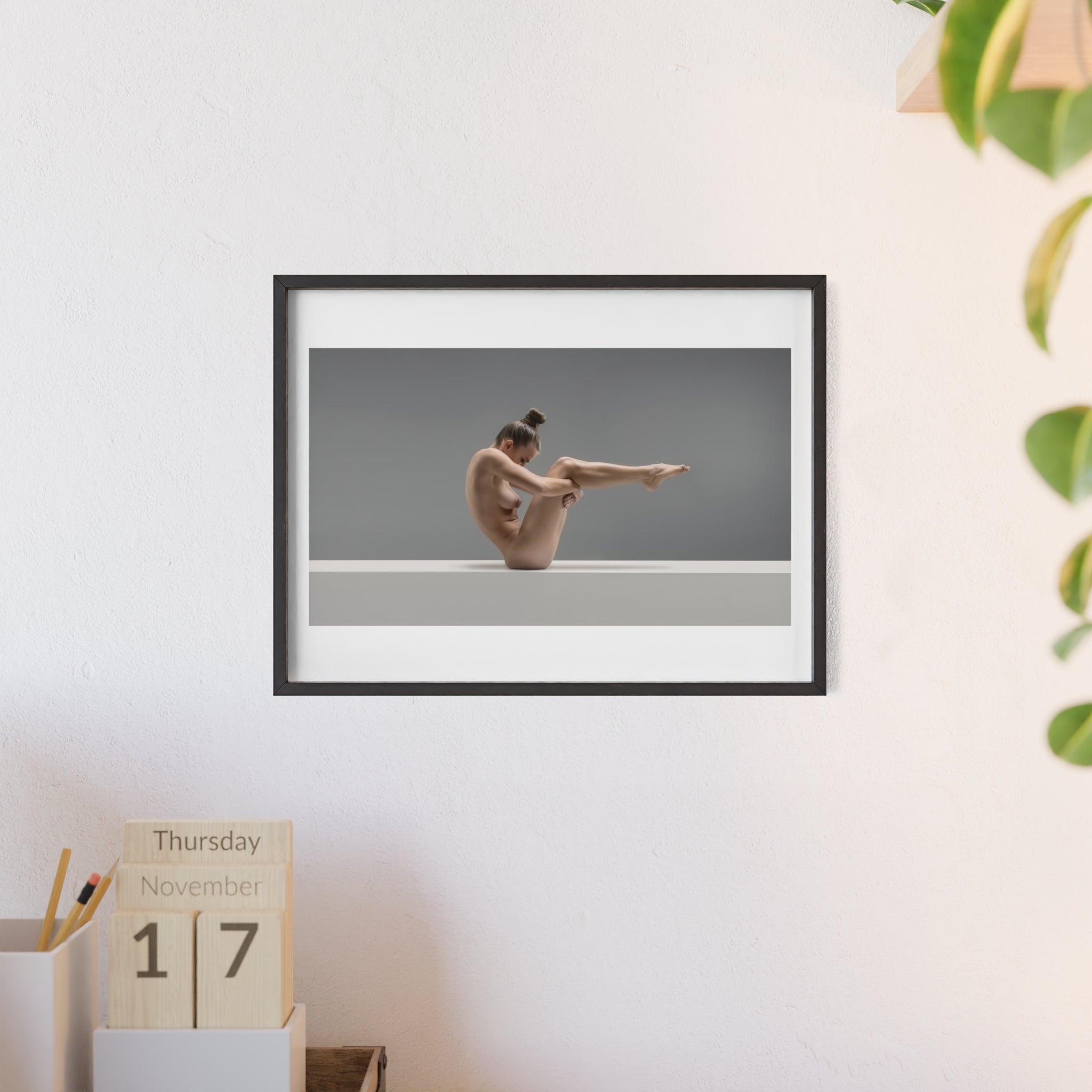 Nude Yoga Print frame color options - Black, White, and Natural Wood finishes available