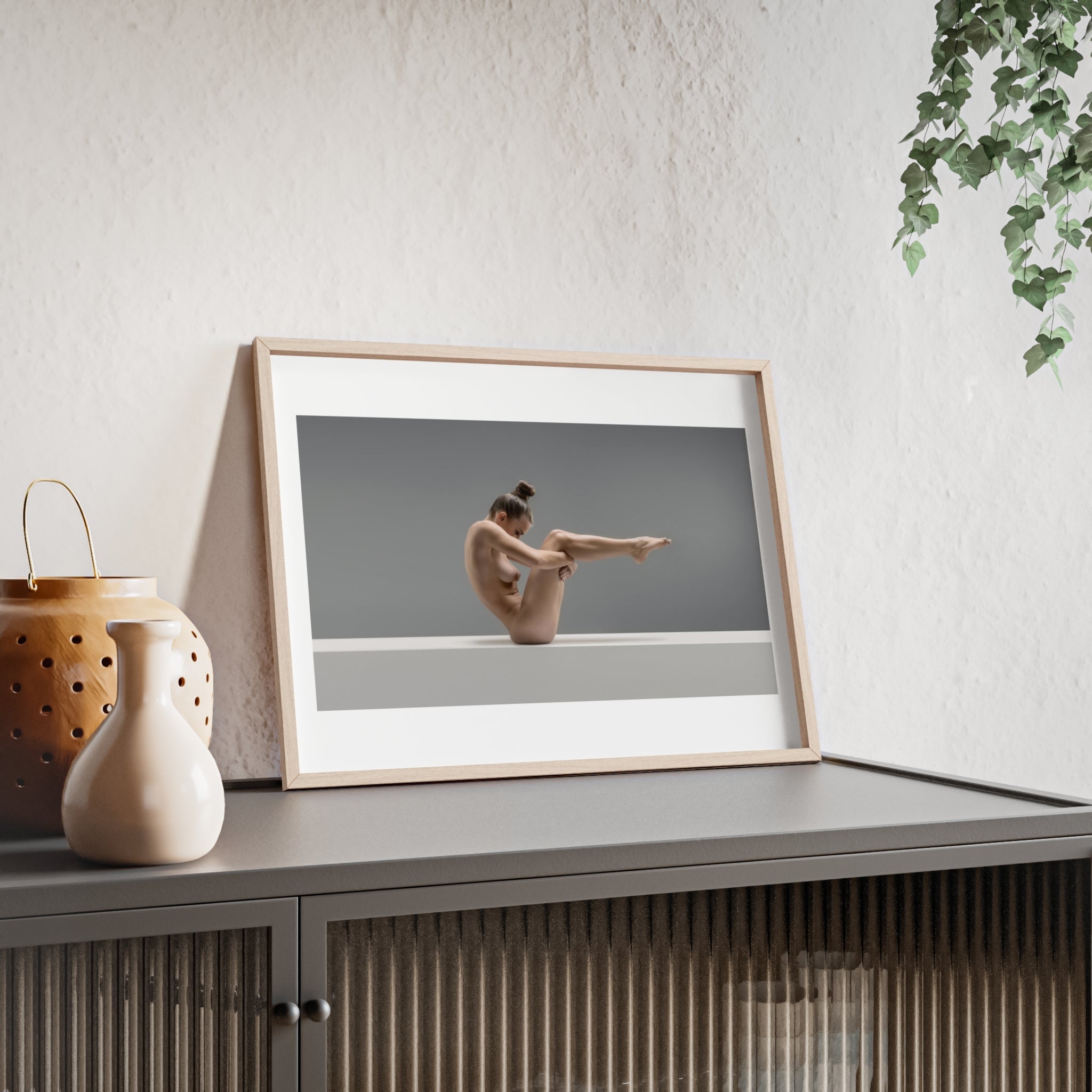 Nude Yoga Print with Wooden Frame displayed in room - modern decor inspiration