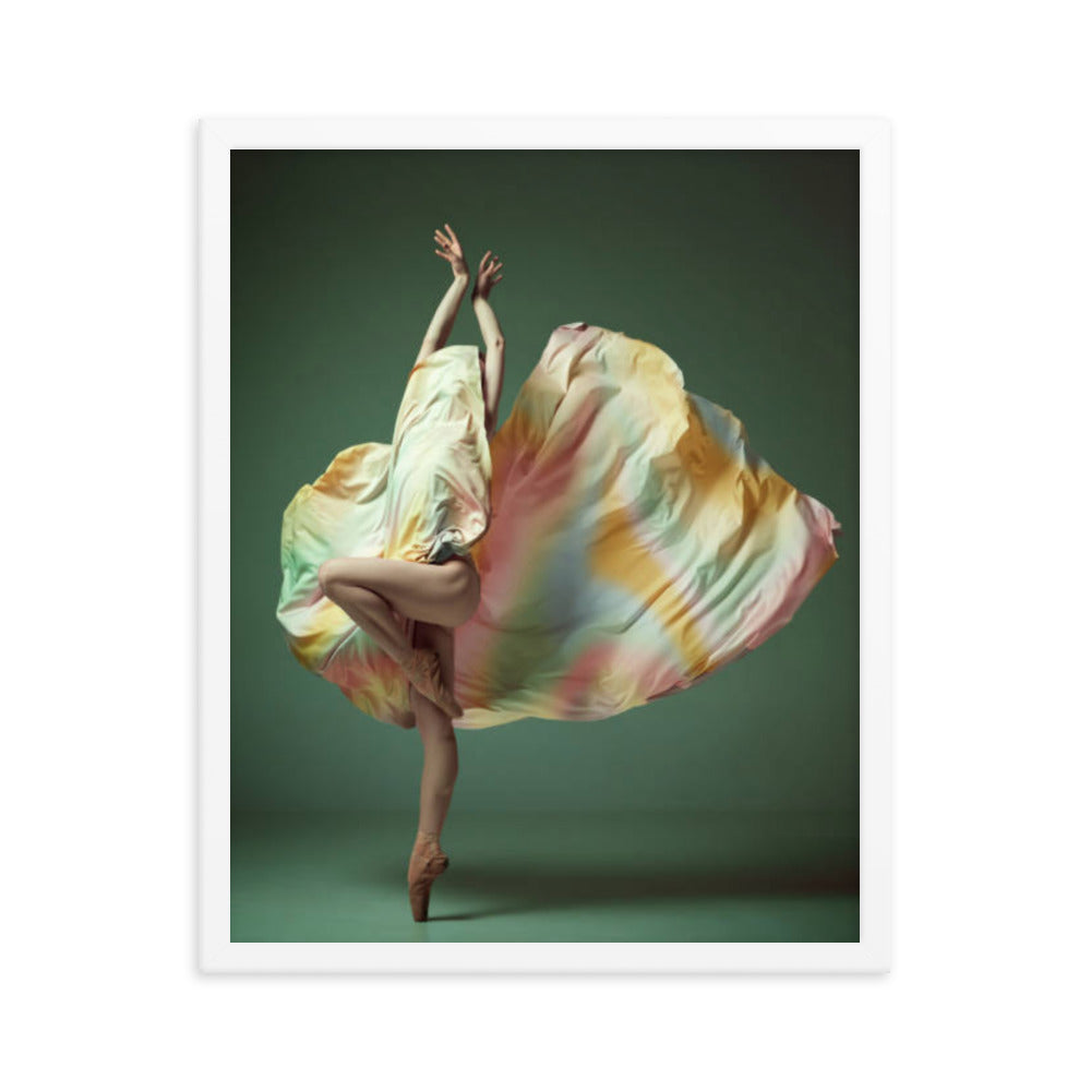 The dancer's vibrant dress spins in a symphony of pastel colors, capturing the harmony between grace, color, and movement. Her posture conveys the beauty of motion as she flows effortlessly through space, suspended in a peaceful yet dynamic performance.