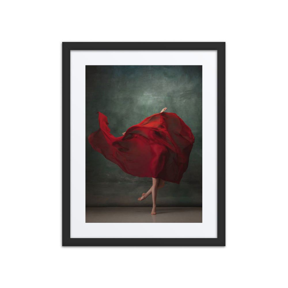 A dynamic composition of a dancer's swirling red dress, capturing the motion and fluidity of movement against a textured green background. The image emphasizes grace, elegance, and bold expression in dance.