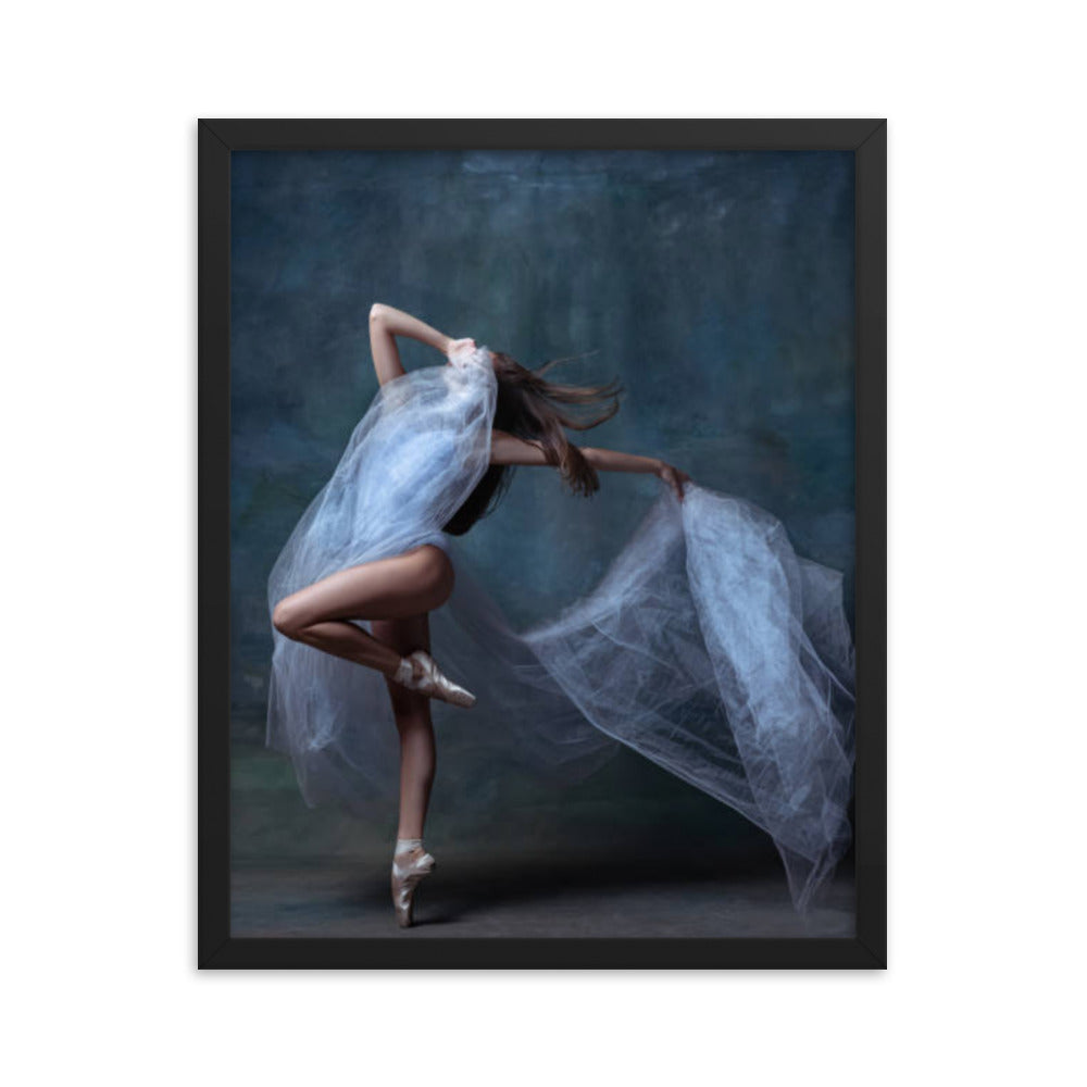 Framed fine art poster titled 'Shy Ballet,' depicting a ballerina delicately poised on pointe, partially concealed by a flowing veil against a textured backdrop. A perfect addition to elevate any interior with elegance and grace.