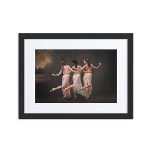 A captivating artwork showcasing three dancers gracefully intertwined, embodying themes of sisterhood, unity, and synchronized movement against a serene, painterly backdrop.