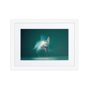 Spectral Motion framed fine art dance poster showcasing a dancer in dynamic, ethereal movement with a luminous veil-like effect. Perfect for modern interiors and dance enthusiasts.