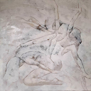 Corinne Malfreyt, Le Salut au Soleil (2018). Minimalist white-tone painting symbolizing spiritual motion and renewal.