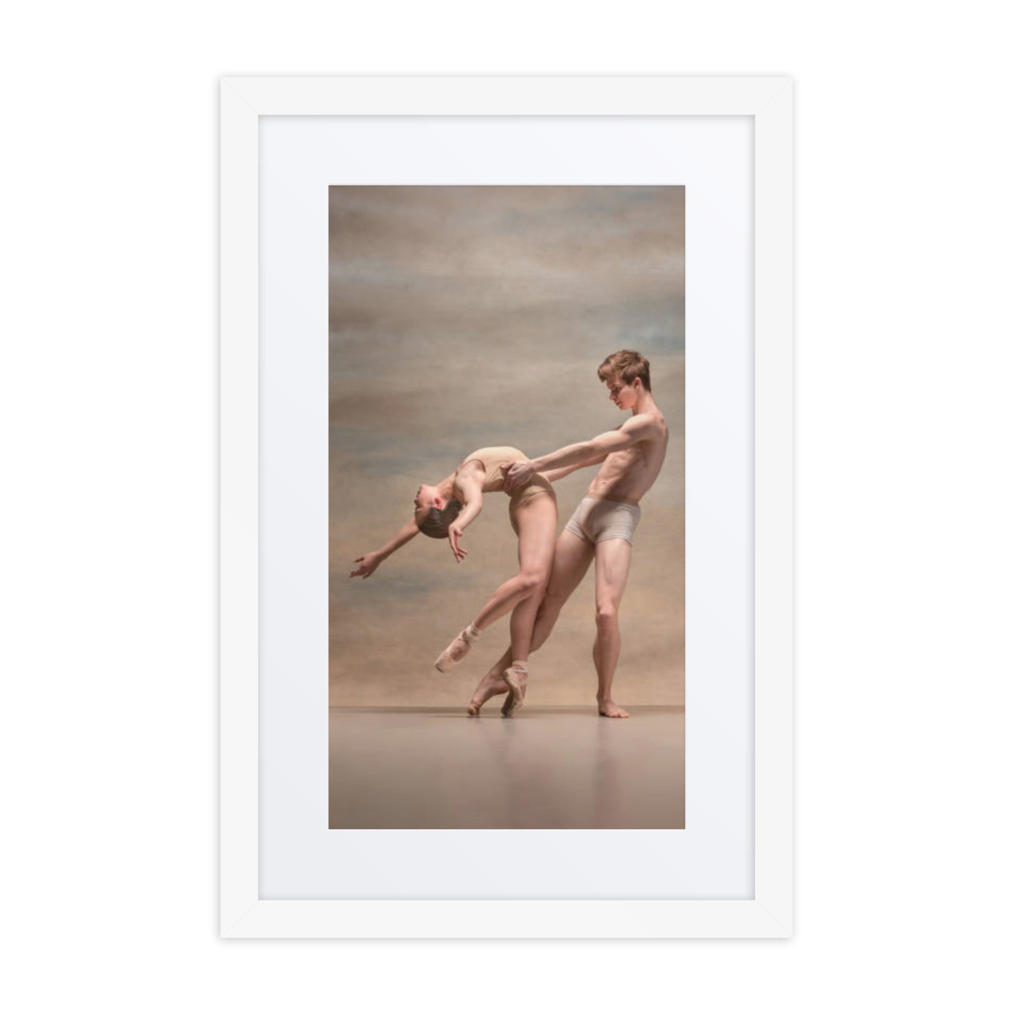 Trust Me – A beautiful fine art dance poster capturing an intimate duet between two dancers in a soft, serene setting. Elegantly framed in a sleek white frame with a refined white border, this piece exudes trust, balance, and harmony, making it a timeless addition to any space.