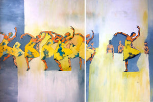 Les Ailes by Corinne Malfreyt, original acrylic and oil diptych on canvas, 120 × 180 cm assembled.