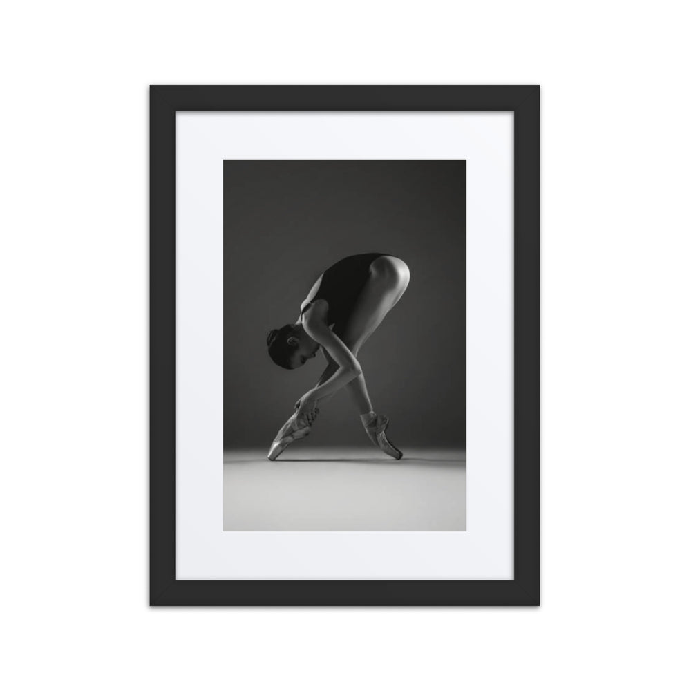 X-Pose – A striking fine art black-and-white photograph of a ballerina in a poised stretch, professionally printed and framed for an elegant gallery-style display.