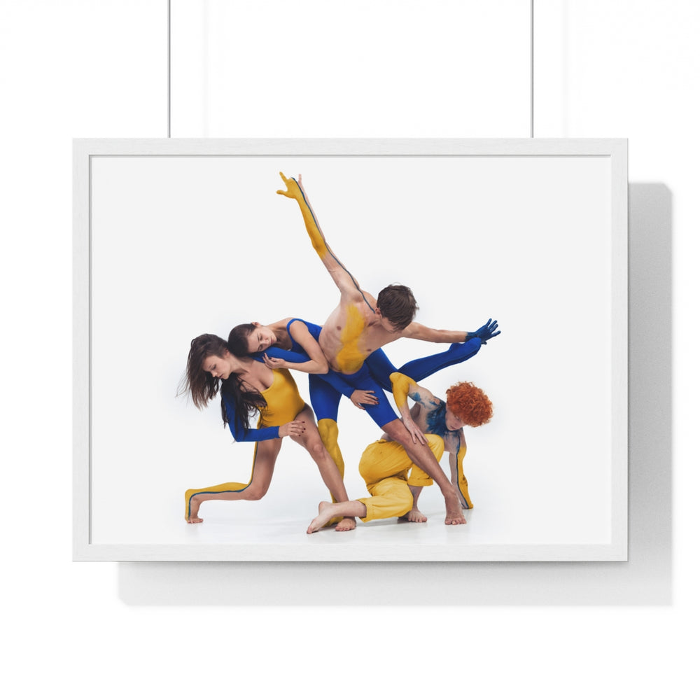 Groupe de danse bleu et jaune - Impression encadrée 