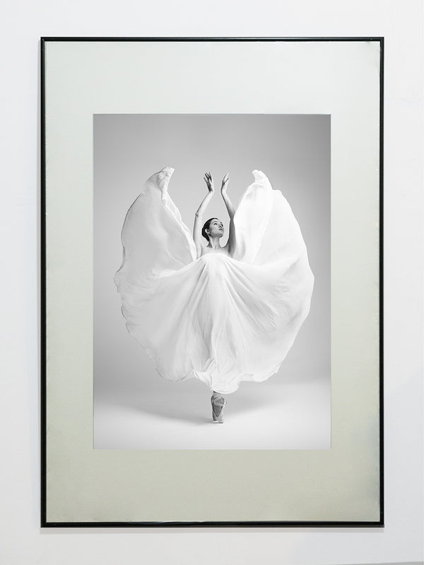 Butterfly limited edition ballet dance photography print featuring ballerina in flowing white dress on neutral background